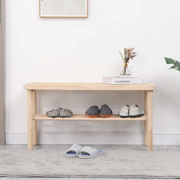 Shop RETIF Banc Entr E Rotin Scandinave En Bois Massif Avec Rangement 90X35X45.5 Cm