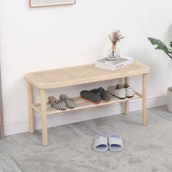 Shop RETIF Banc Entr E Rotin Scandinave En Bois Massif Avec Rangement 90X35X45.5 Cm