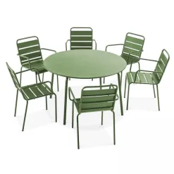 Fashion RETIF Ensemble Table D'Exterieur Ronde Et 6 Fauteuils Acier Vert Cactus
