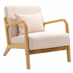 Discount RETIF Fauteuil Beige Lounge Scandinave Avec Structure Bois Et Tissu 66X84X75 Cm