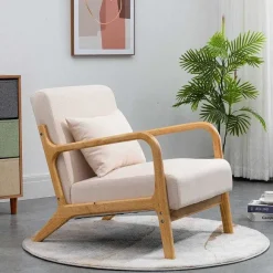 Discount RETIF Fauteuil Beige Lounge Scandinave Avec Structure Bois Et Tissu 66X84X75 Cm