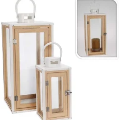 Hot RETIF Lanternes Bois Naturel Et Blanc 14,5X14,5X30.5+20X20X45,5 Cm