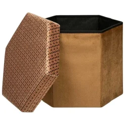 Clearance RETIF Pouf Pliant Et Coffre De Rangement En Velours Marron Caramel Avec Motifs