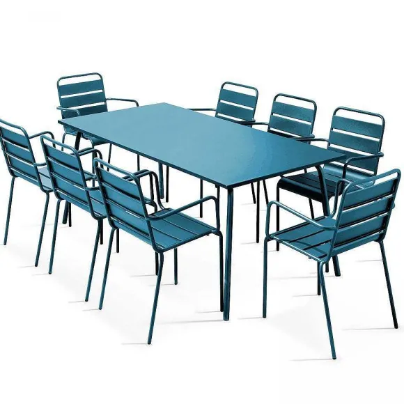 Hot RETIF Table Acier Rect 180X90X72 + 8 Fauteuils Palavas Bleu Pacific Acier