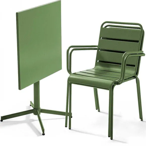 New RETIF Table Carr E Inclinable 70X70 Cm+ 2 Fauteuils Palavas Vert Cactus Acier