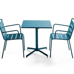 Outlet RETIF Table Carr E Inclinable 70X70 Cm+ 2 Fauteuils Palavas Bleu Pacific Acier